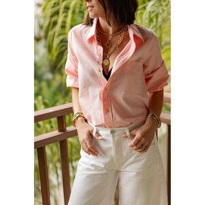 KMJ Meeghan Shirt Button Down Womens XS Pink 3/4 Puff Sleeve Cotton Top Blouse